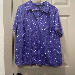 Purple V-Neck Button Down Shirt With White Polka Dots